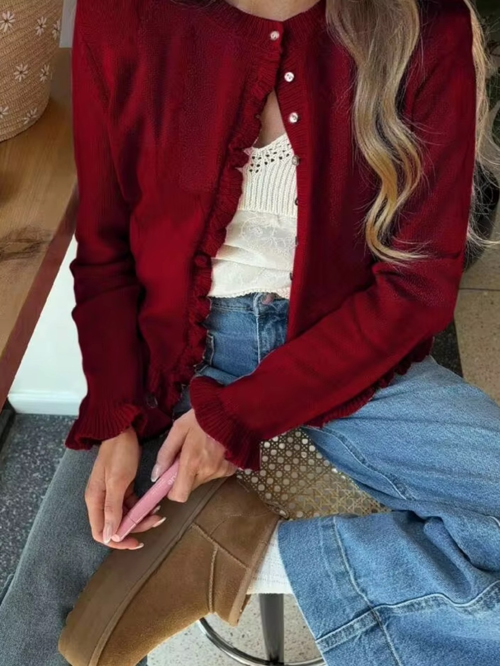 SHEIN Burgundy Ruffle-Hem Knit Cardigan